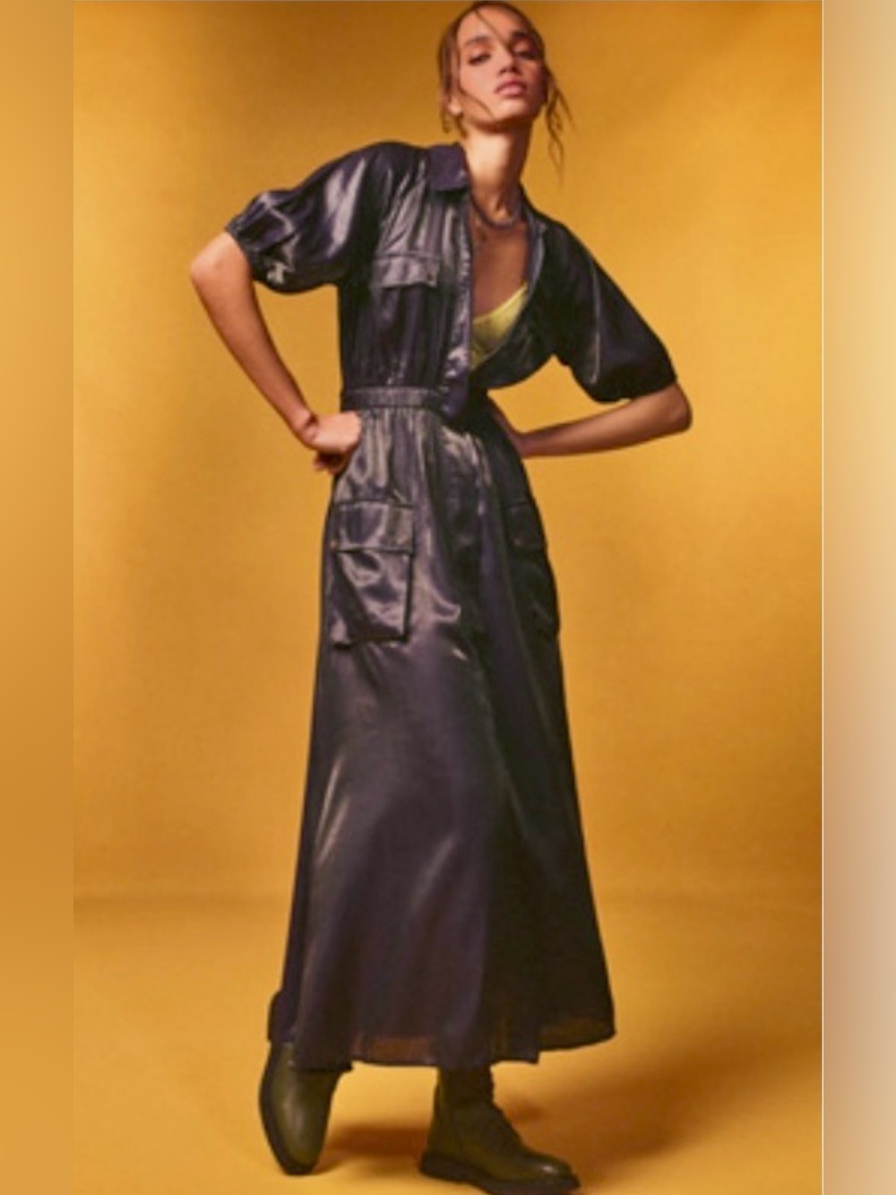 Metallic Grey Maxi Shirt Dress w/ Utility pockets/Anthropologie/Samant Chauhan